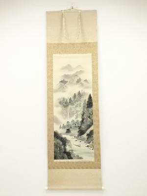 峰水筆　彩色山水　肉筆絹本掛軸（共箱）